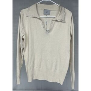 Liv Milano Women's Rhinestone V Neck Pullover Cream Sweater Size Large NWT